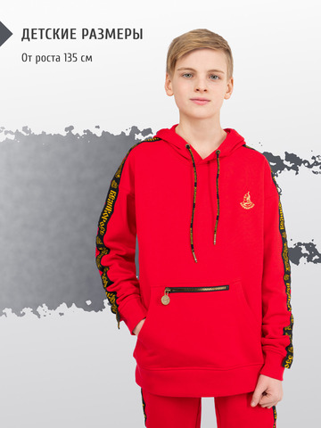 Худи красного цвета с лампасами, без логотипа. Плотный футер