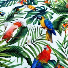 хлопок с попугаями и листьями фото