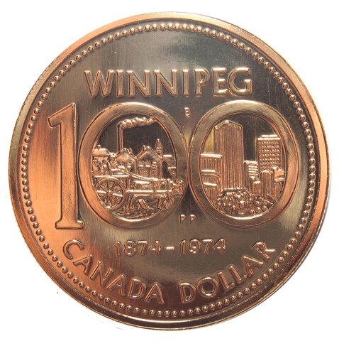 1 доллар. 100 лет городу Виннипег. Канада. Серебро с позолотой. 1974 год. BrUNC в родной коробке