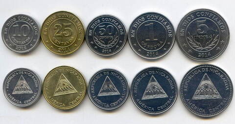 Набор из 5 монет Никарагуа (10, 25 и 50 центавос; 1 и 5 кордоба) 2012-2014 г. AUNC