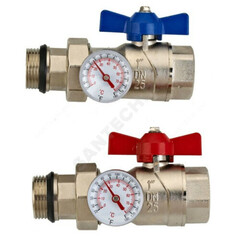 Комплект шаровых кранов латунь никель Ду 25 ВР/"американка" бабочка c термометром Wester 0-32-2105