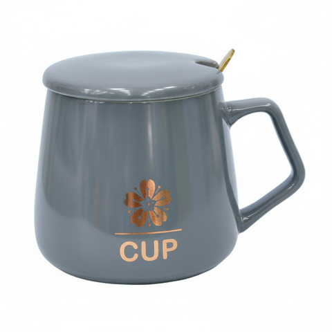 Керамическая кружка с крышкой и ложкой, серый, 9,5*7,7 см, 400 мл