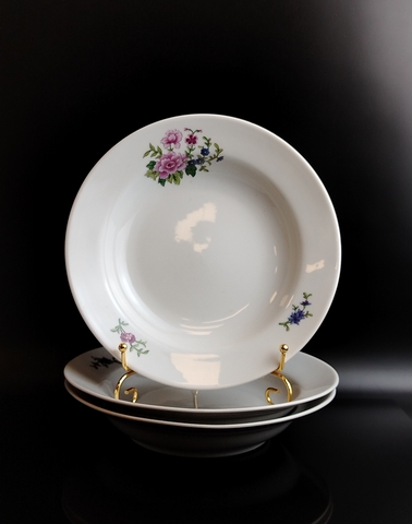 Тарелки для горячего, второго блюда набор из 3 штук, декор цветы, фарфор, Дулево ФЗ, винтаж СССР 1966 год