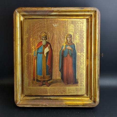 Икона 19 век "Святой равноапостольный князь Владимир и святая Маргарита" в киоте, левкас. дерево, темпера, Российская империя.