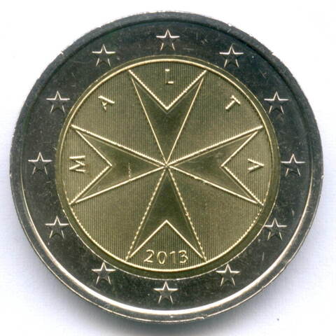 2 евро 2013 год. Мальта. Регулярный выпуск. Биметалл UNC