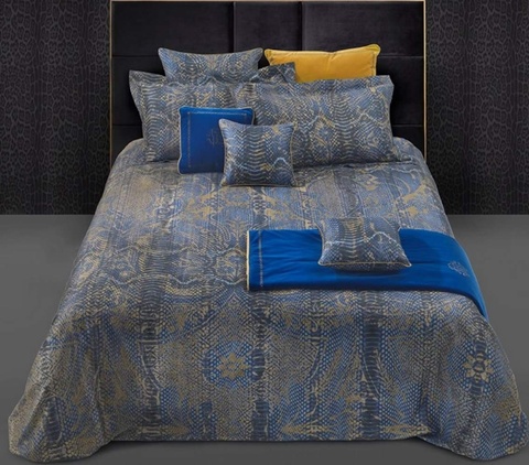 Постельное белье 2 спальное евро макси Roberto Cavalli Wild Damasco синее с золотом