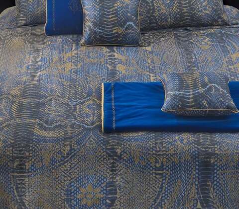 Постельное белье 2 спальное евро макси Roberto Cavalli Wild Damasco синее с золотом