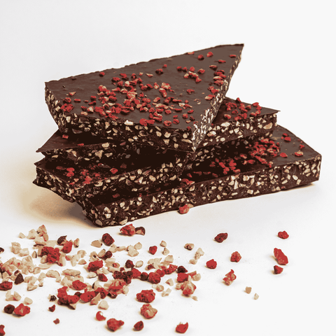 Горький шоколад 65% на тростниковом сахаре с фундуком и малиной, 1 кг