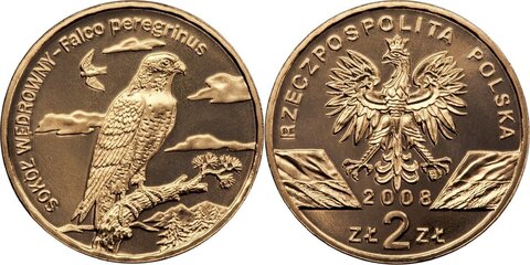 2 злотых Сапсан (животный мир) 2008 год, Польша. UNC