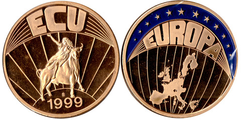Памятная медаль Объединенной Европы. Экю - единая валюта евросоюза 1999 года 40мм Пруф