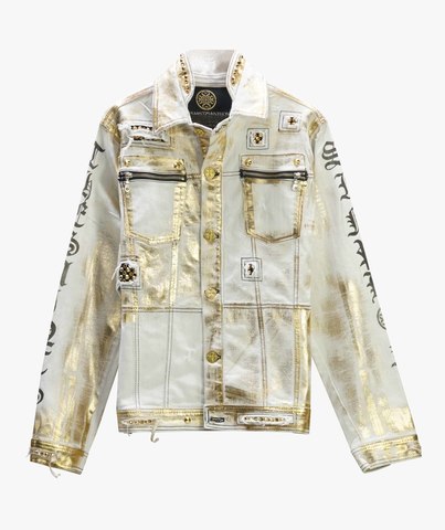 The Saints Sinphony | Куртка джинсовая мужская WHITE &amp; GOLD JACKET GOLD RIPS TJ018 перед