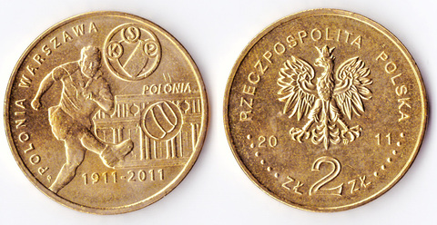 2 злотых Польские футбольные клубы, Полония (Варшава) (Спорт) 2011 год, Польша. UNC