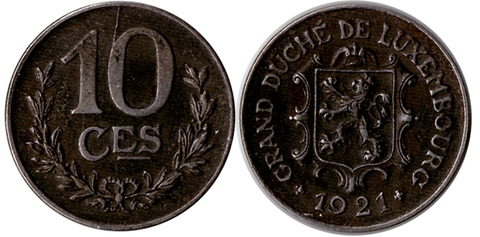 Люксембург 10 сантимов 1921 vf