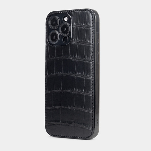 Чехол-накладка кожаная для iPhone 16 Pro Max, аллигатор черного цвета