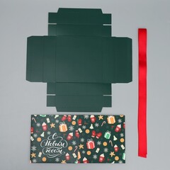 Коробка сборная одиночная Куб, Новогодние сладости, с лентой, Темно-зеленый, 14*14*14 см, 1 шт.