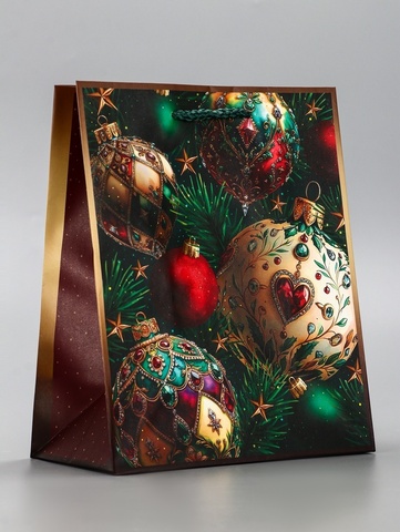 Пакет подарочный M вертикальный, «Золотые елочные шары», 26*32*12 см (Д*В*Ш), 1 шт.