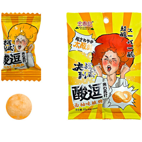 Леденцы кислые со вкусом грейпфрукта Hongtaiji 1кор*10бл*10шт, 65гр