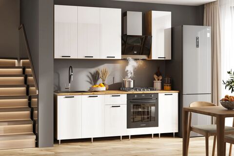 ЛДСП Кухня Рио NEW 2,2/900м (490) Компановка №2 (Белый глянец, Дуб Крафт (Дуб вотан))