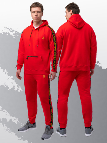 Худи красного цвета с лампасами, без логотипа. Плотный футер