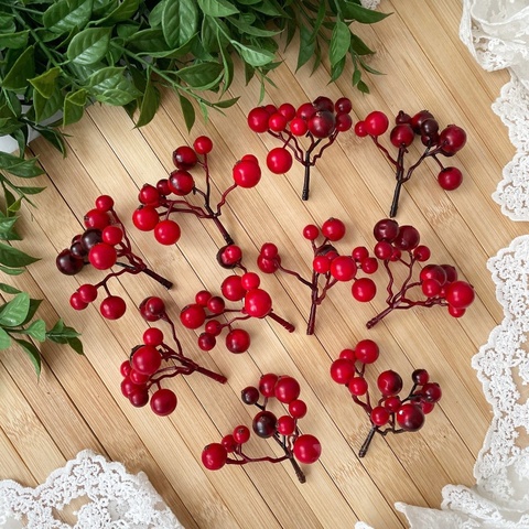 Ягоды рябина красно-бордовые искусственные на ветке, зонтиком, ягодки 0,9-1,5 см, набор 10 шт.