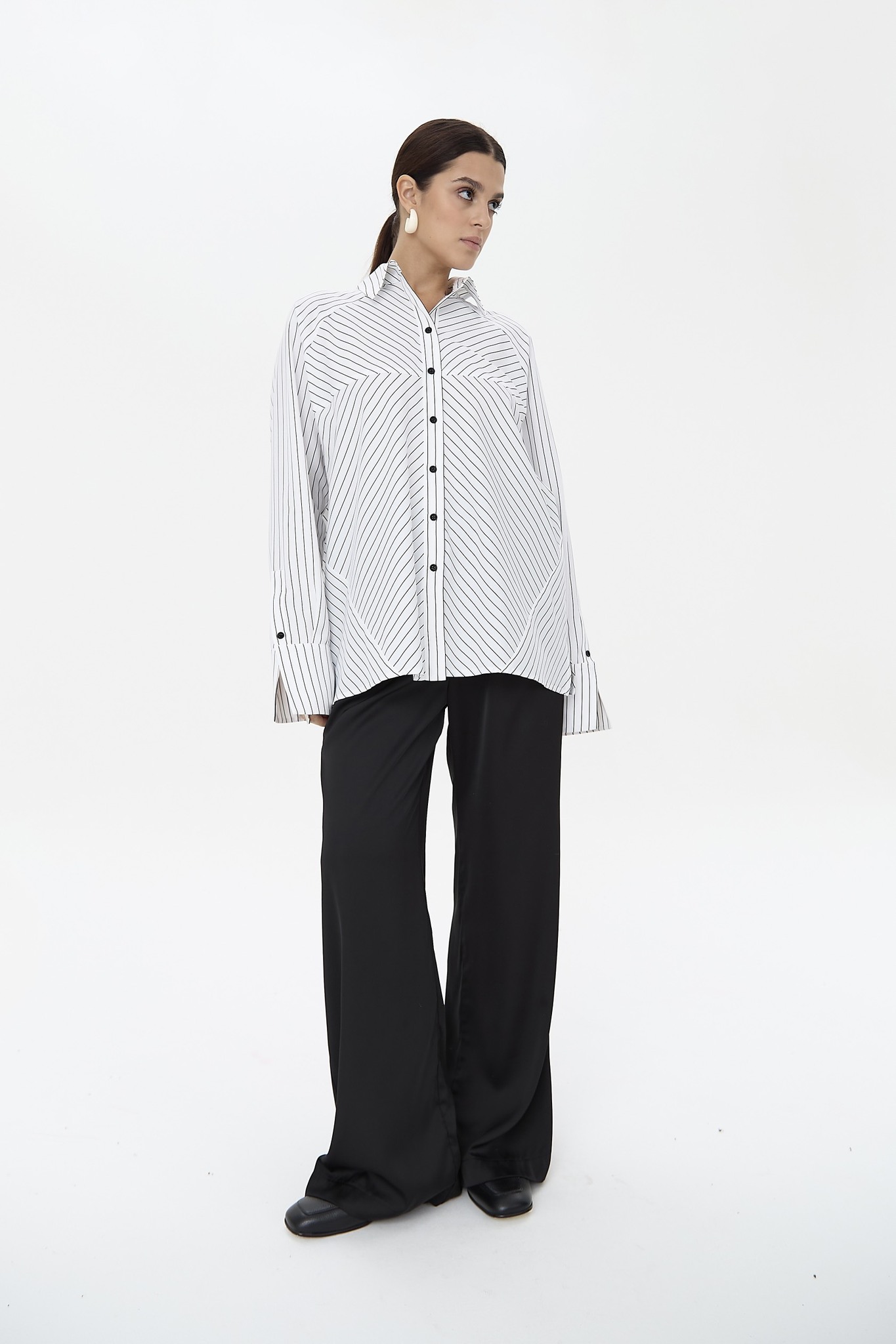 Рубашка прямая комбинированная в полоску, черно-белый