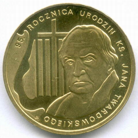 2 злотых 2010 год. Польша. 95 лет со дня рождения Яна Твардовского. Латунь, диаметр 27 мм. AUNC
