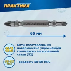 Бита отверточная ПРАКТИКА Профи двусторонняя PZ/FL1-PZ/FL2 х 65мм (2шт) (906-821)