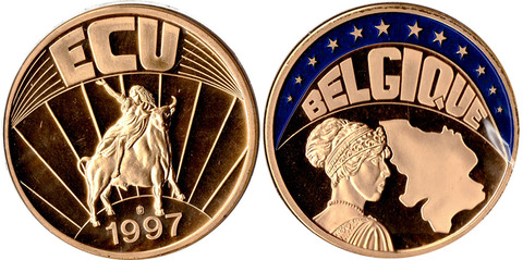 Настольная Медаль европа Бельгия 1 экю 1997 40мм Пруф