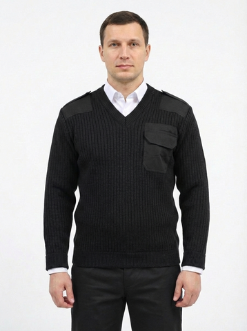 Свитер с накладками п/ш (черный, ворот V)