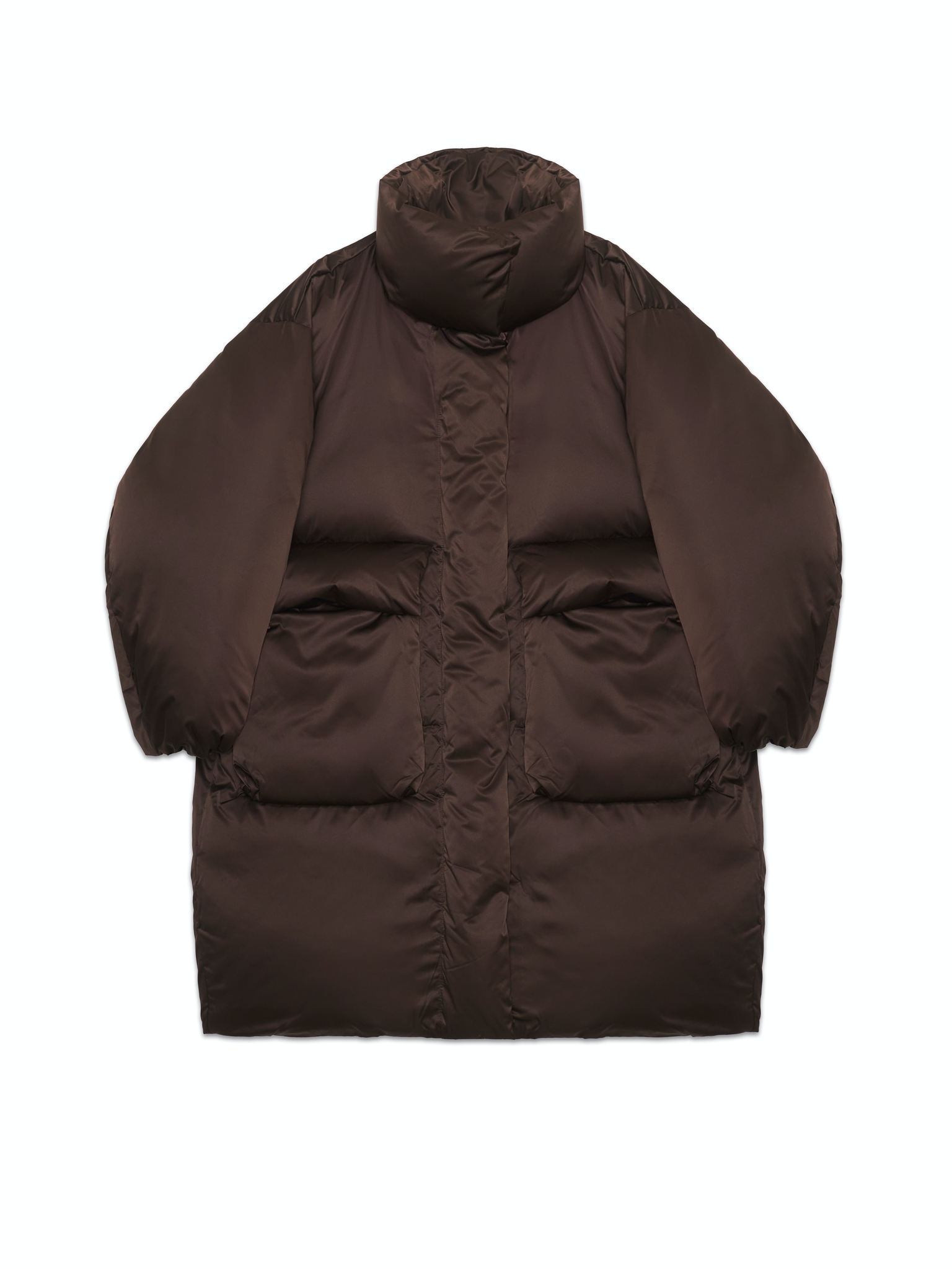 Длинный сатиновый пуховик шоколадного цвета