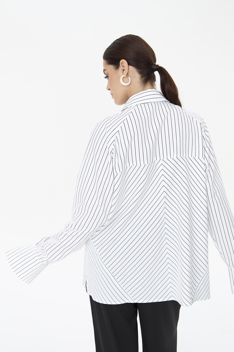 Рубашка прямая комбинированная в полоску, черно-белый