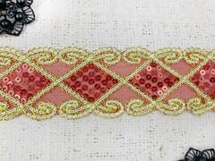 Тесьма пайетки на сетке, ш. 5,8 см, золото с красным