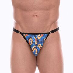 Синие мужские трусы-тонги с разноцветным принтом