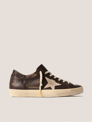 Super Star in brown nappa with croc-print heel tab