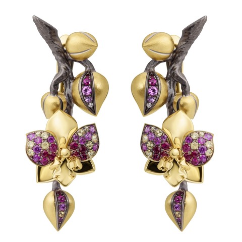 Серьги Орхидея c Сапфирами и Бриллиантами, Эмаль, E0275-2/6