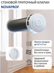 Клапан приточный NovaPROF, стеновой, с вентканалом 0,5 м и решеткой из АSА пластика, KIV-125, цвет решётки белый, RAL9016