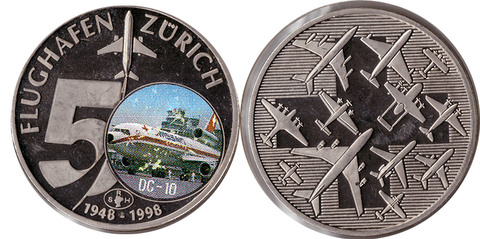 Настольная Медаль 50 лет аэропорту в Цюрихе. Пруф 40мм