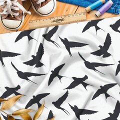 Ткань премиум дюспо темные ласточки на белом