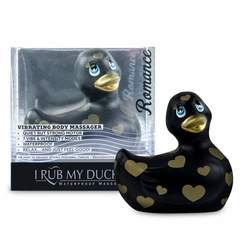 Черный вибратор-уточка I Rub My Duckie 2.0 Romance с золотистым принтом - 