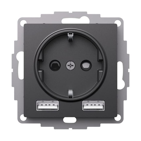 Розетка электрическая с заземлением, шторками и USBх2. Цвет Базальт. Schneider Electric AtlasDesign. ATN001430
