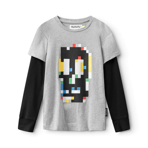 Лонгслив NUNUNU для девочек и мальчиков (Pixel Skull Heather Grey)