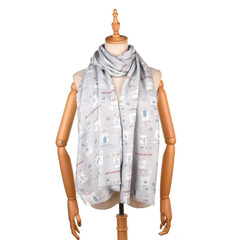 Японский женский палантин с кошачьим принтом ''NEKOMARUKE'', серый шелк, 24-7146-1, KUSUGURU