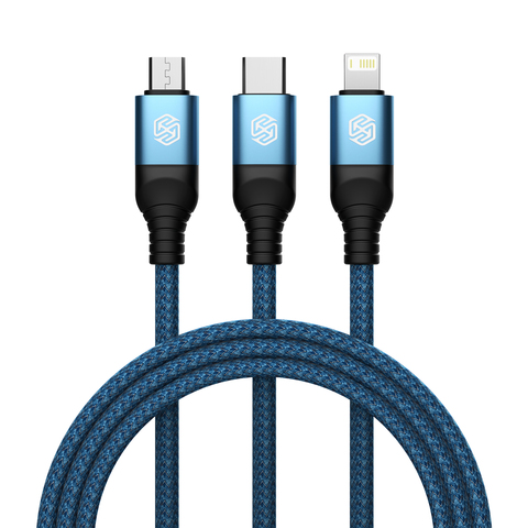 Кабель 3 в 1 в тканевой оплетке синего цвета от Nillkin с разъемами Type C, Lightning и Micro USB, серия Swift Pro, длина 1,5м
