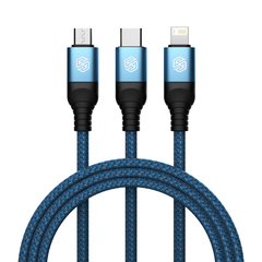 Кабель 3 в 1 в тканевой оплетке синего цвета от Nillkin с разъемами Type C, Lightning и Micro USB, серия Swift Pro, длина 1,5м