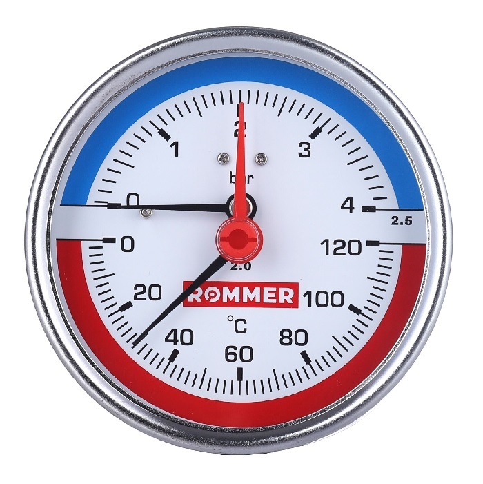 Термоманометр аксиальный Rommer 1/2", 10 бар, +120°С, 80 мм с запорным клапаном (RIM-0005-801015)