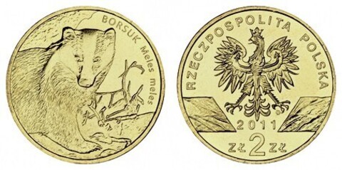 2 злотых Барсук (животный мир) 2011 год, Польша. UNC