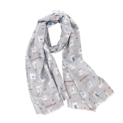 Японский женский палантин с кошачьим принтом ''NEKOMARUKE'', серый шелк, 24-7146-1, KUSUGURU