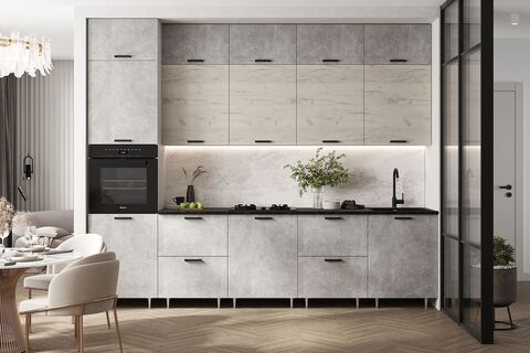 ЛДСП Кухня Рио NEW 3,0/1080м (490) Компановка №3 (Бетон светлый/Дуб Крафт Белый, Белый (Кастилло темный))