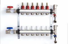 Коллектор с расходомерами и автоматическими воздухоотводчиками RIIFO Flow комплект нержавеющая сталь 1"ВР 9x3/4"НР Евроконус ц/ц 50 мм