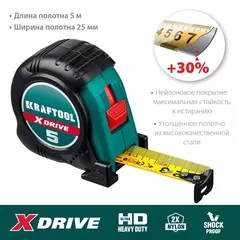 KRAFTOOL X-Drive, 5 м х 25 мм, рулетка (34122-05-25)